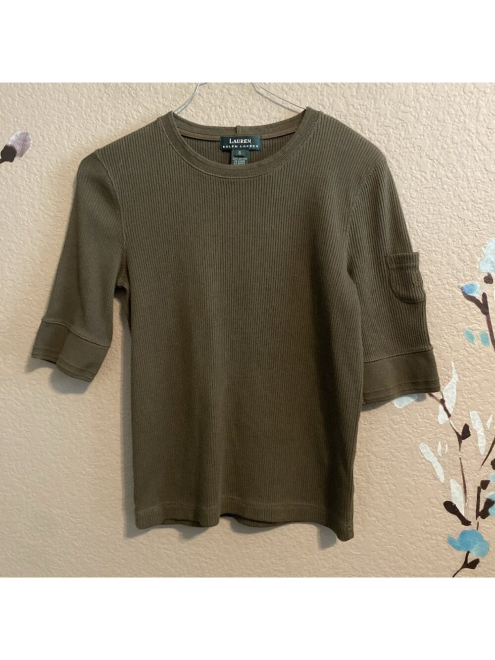 Lauren Ralph Lauren Olive Green Ribbed Short Sleeve T-Shirt Patch Pocket S